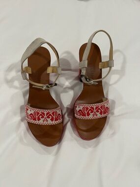 Miu Miu Embroidered Red and Beige Suede Women's Slingback Sandals